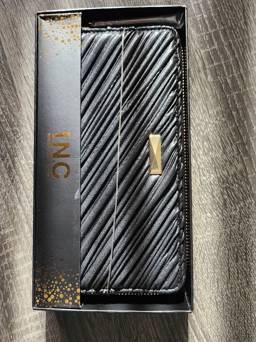 INC International Concepts Black Quilted Zip Card Holder with Gold Accent